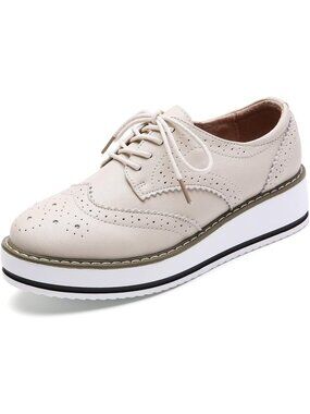 Women's Beige Round Toe Lace Up Leather Oxford Shoes Wingtip White Platform